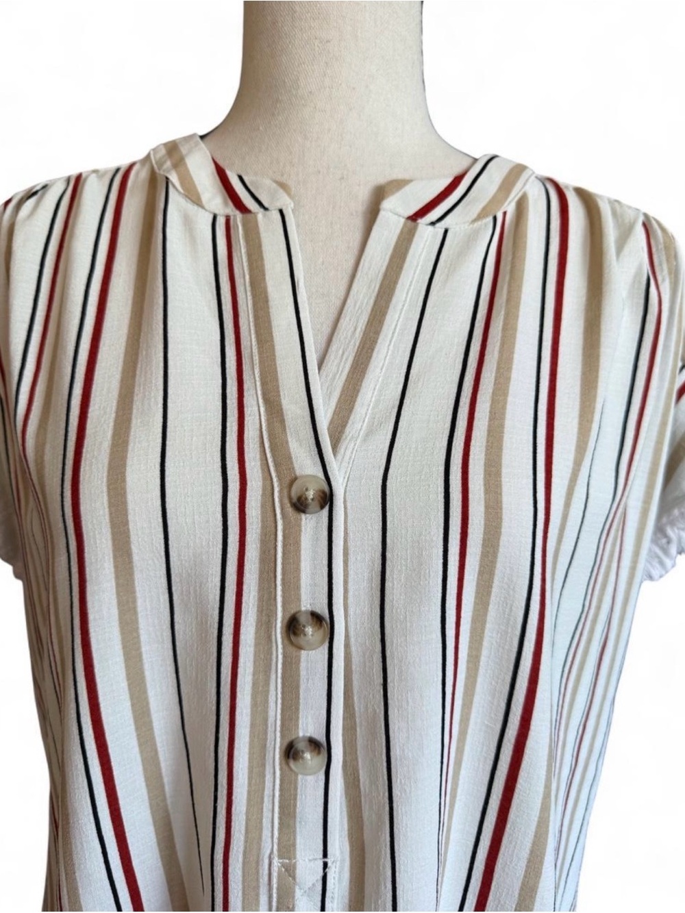 Como Black Vertical Striped Fringe Sleeve Henley V-Neck Blouse Boho Size L - Picture 2 of 9